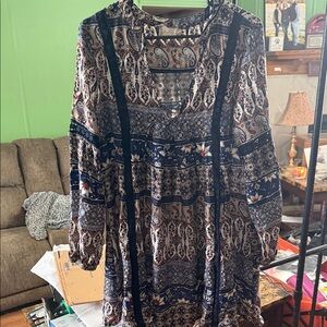 Altar'd State Navy and Cream Patterned Long Sleeve Dress
